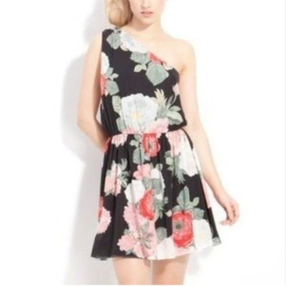 Alice & Olivia Floral One shoulder silk‎ mini dress Size Small